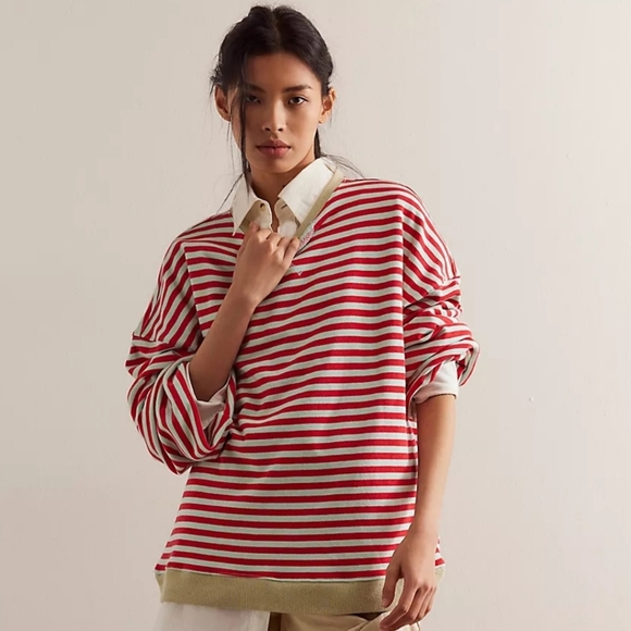 Free People Sweaters - New! FP We The Free Classic Striped Oversized Crewneck in Cherry Combo